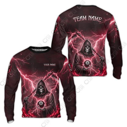 Customized 8 Ball Pool Sweatshirt, Lightning And Flame Grim Reaper With 8 Ball, Personalized Billiards Jersey