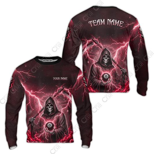 Customized 8 Ball Pool Sweatshirt, Lightning And Flame Grim Reaper With 8 Ball, Personalized Billiards Jersey