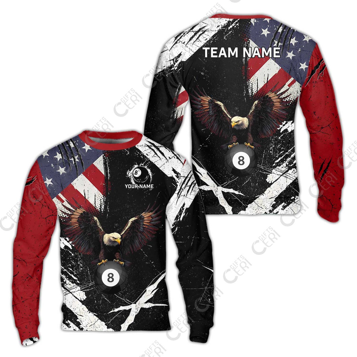 Customized 8 Ball Pool Sweatshirt, Eagle Billiard American Flag 8-ball, Personalized Billiards Jersey
