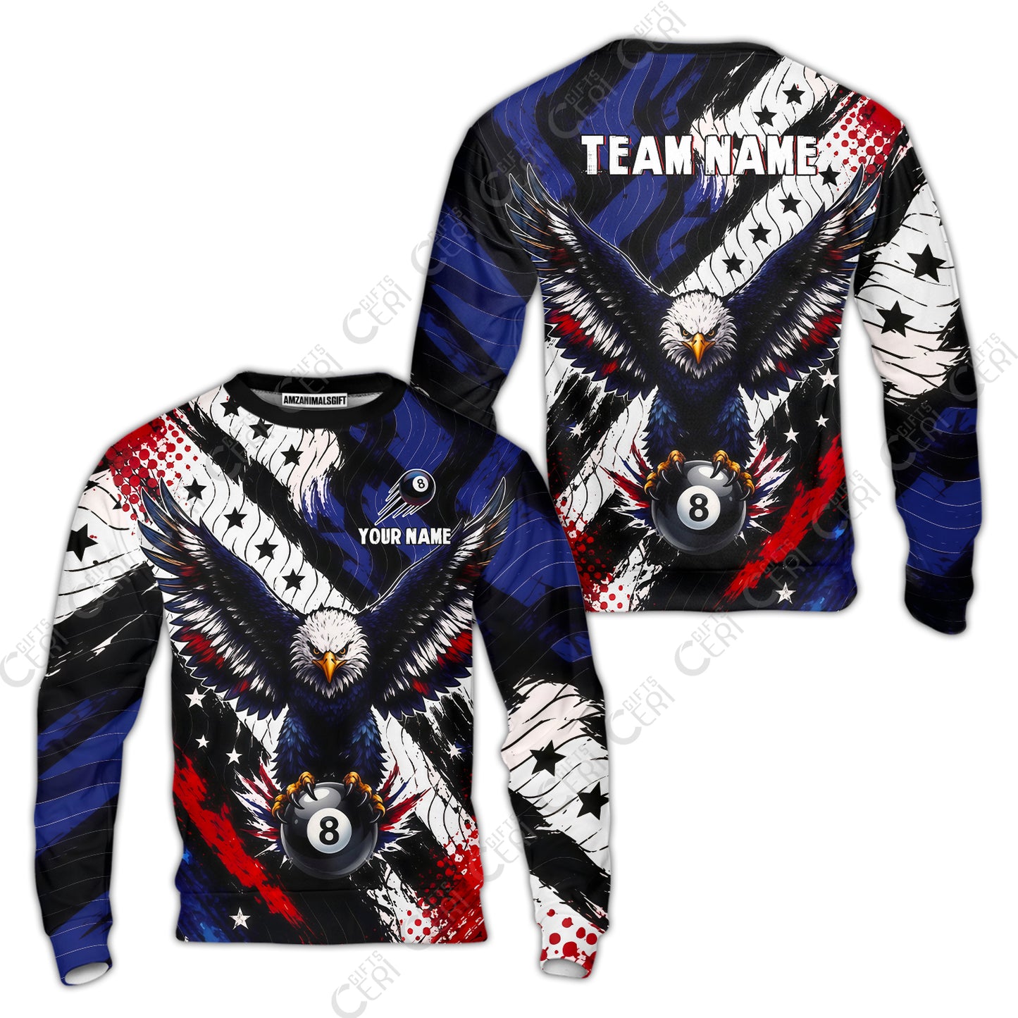 Customized 8 Ball Pool Sweatshirt, Eagle Holding Ball American Flag 8-ball, Personalized Billiards Jersey