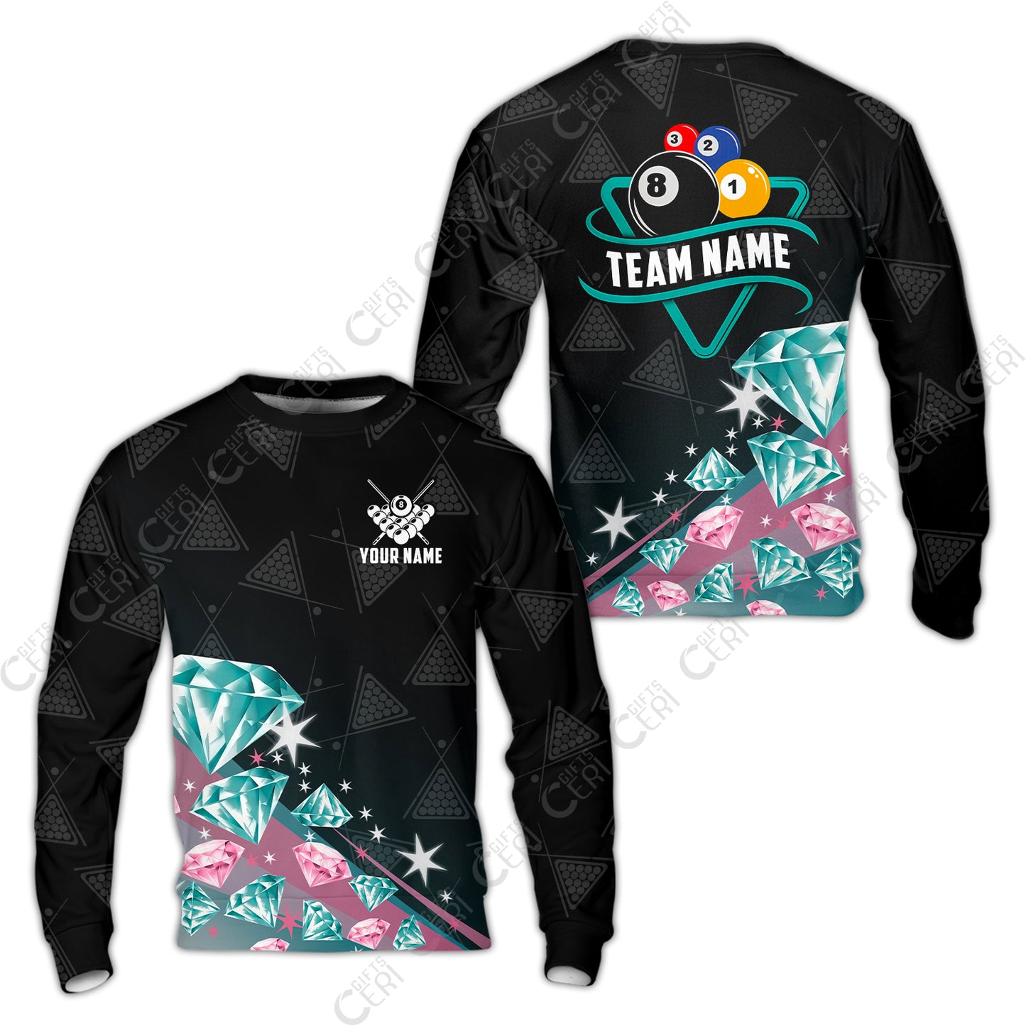 Customized 8 Ball Pool Sweatshirt, Diamonds Billiard 8-Ball, Personalized Billiards Jersey