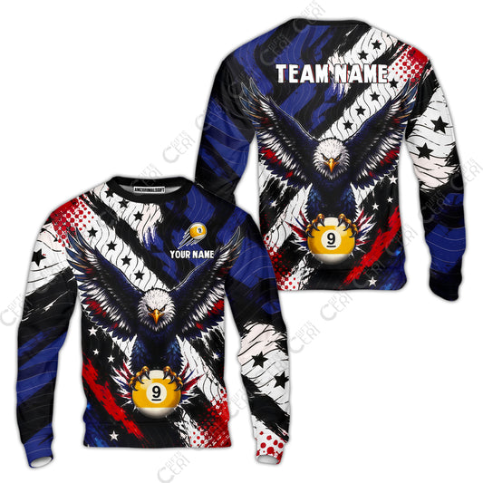 Customized 9 Ball Pool Sweatshirt, Eagle Holding Ball American Flag 9-ball, Personalized Billiards Jersey