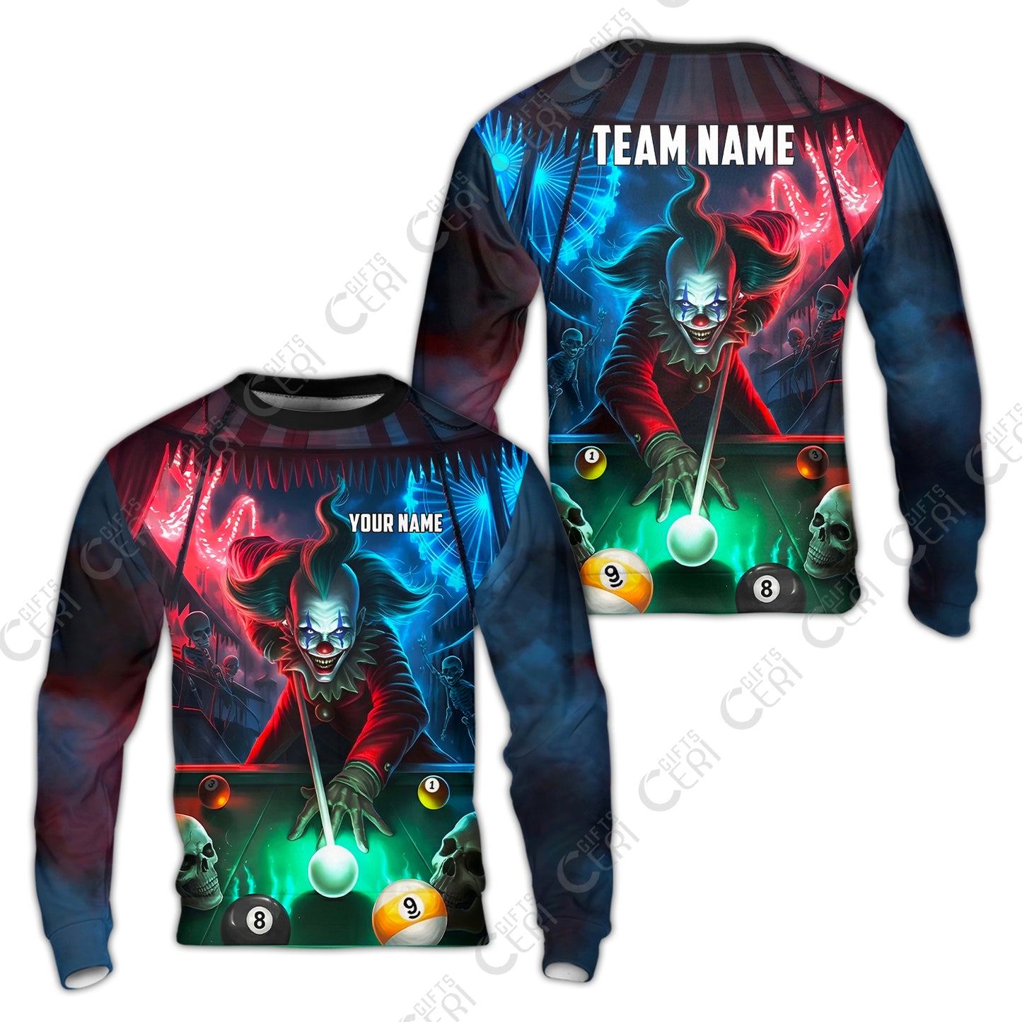 Customized Billiards Sweatshirt, 8 & 9 Ball Pool Nightmare Billiards Clown Jersey, Billiards Jerseys