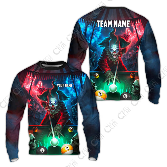 Customized Billiards Sweatshirt, 8 & 9 Ball Pool Nightmare Billiards Clown Jersey, Billiards Jerseys