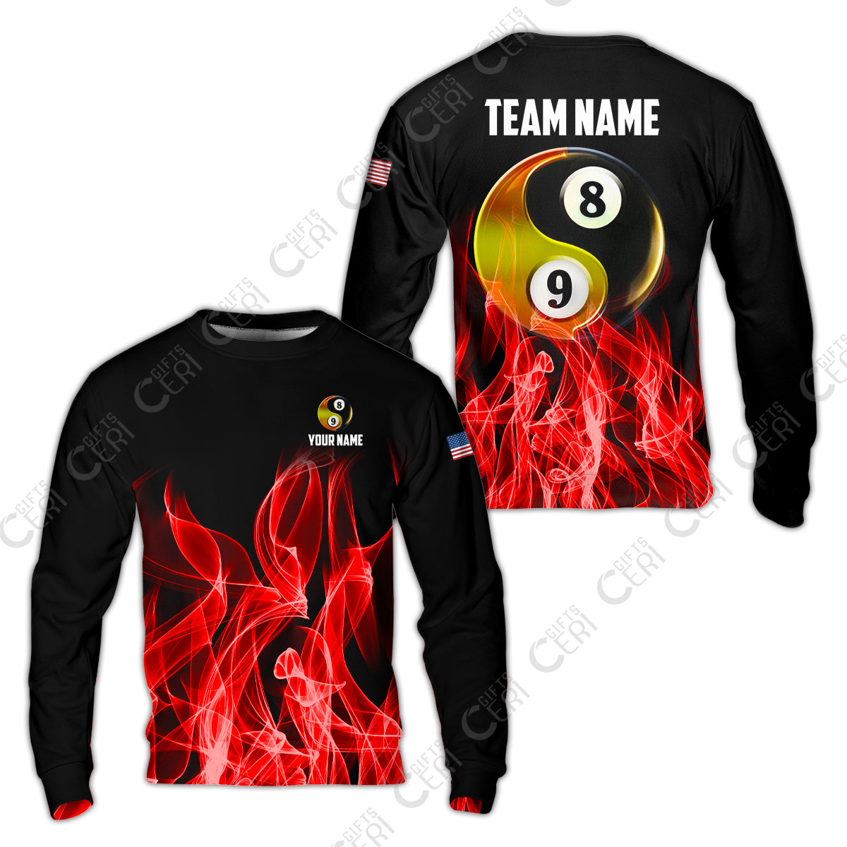 Customized Billiard Sweatshirt, Billiard 8-Ball And 9-Ball Yin-Yang Flame, Billiard Jerseys