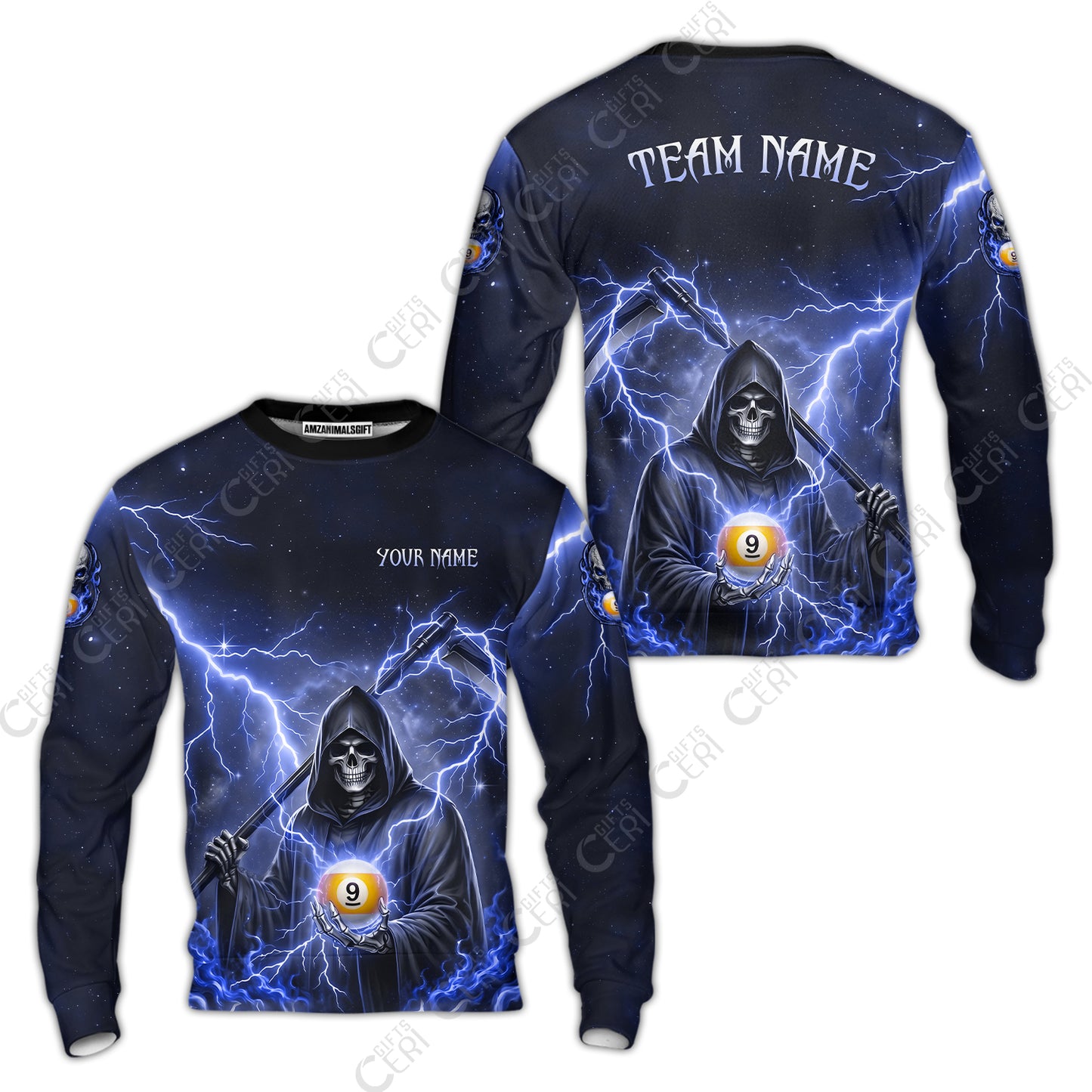 Customized 9 Ball Pool Sweatshirt, Lightning And Flame Grim Reaper With 9 Ball, Personalized Billiards Jersey