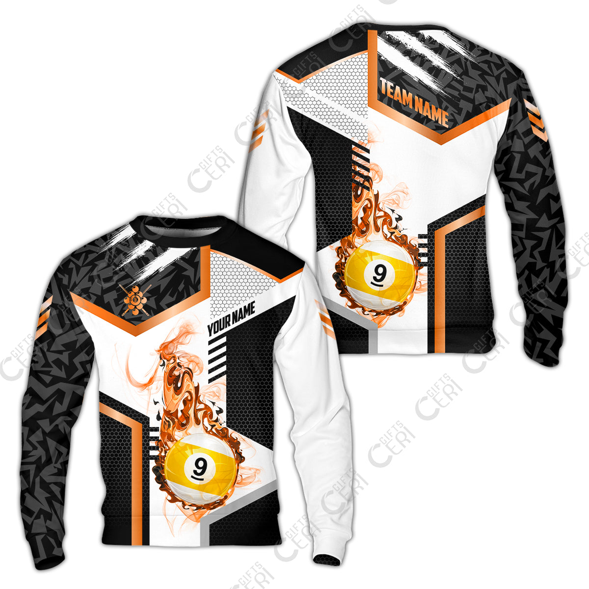 Customized 9 Ball Pool Sweatshirt, Flaming 9-Ball Graphic, Billiards Jersey