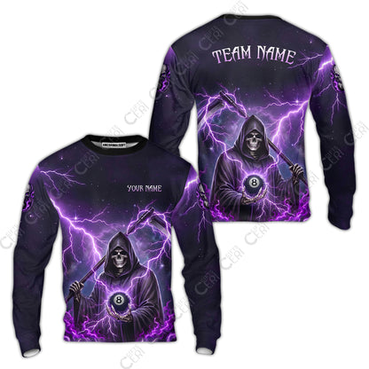 Customized 8 Ball Pool Sweatshirt, Lightning And Flame Grim Reaper With 8 Ball, Personalized Billiards Jersey