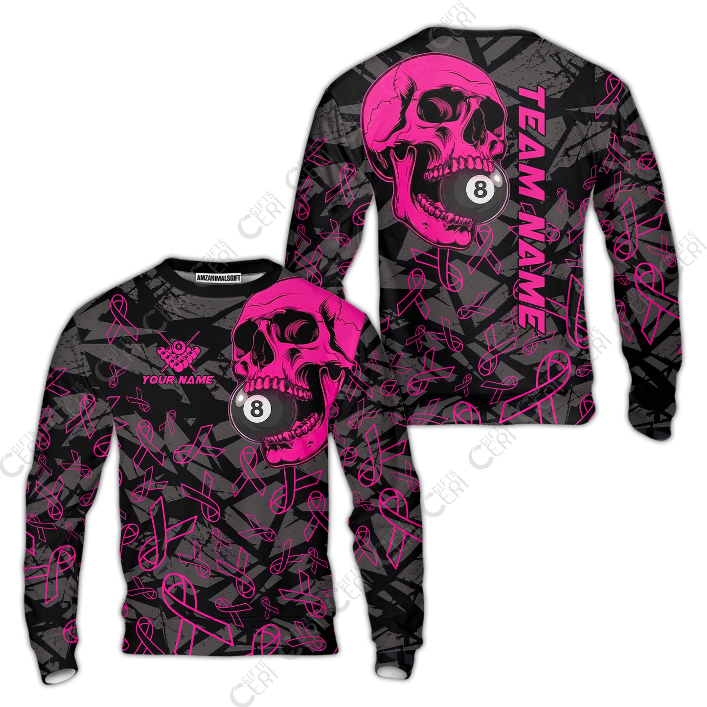 Customized 8 Ball Pool Sweatshirt, Billiard Pink Skull, Personalized Billiards Jersey
