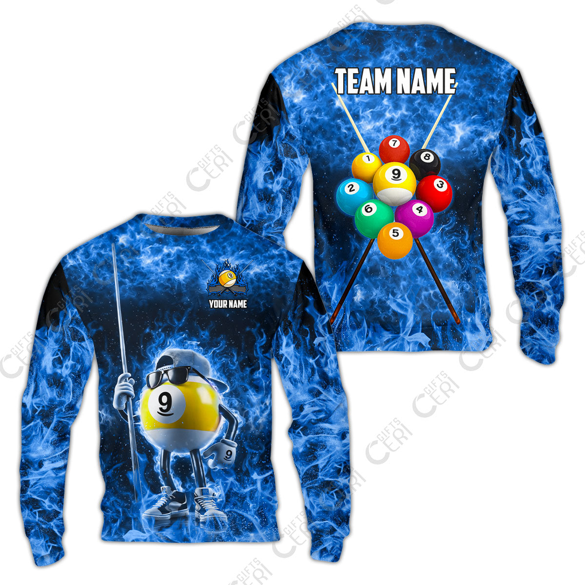 Customized 9 Ball Pool Sweatshirt, 9-Ball Wearing Cap And Sunglasses Flaming Burn, Billiard Jerseys
