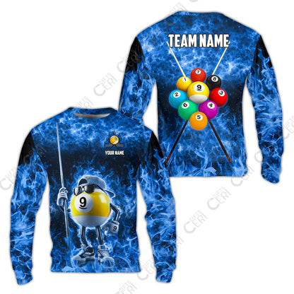 Customized 9 Ball Pool Sweatshirt, 9-Ball Wearing Cap And Sunglasses Flaming Burn, Billiard Jerseys
