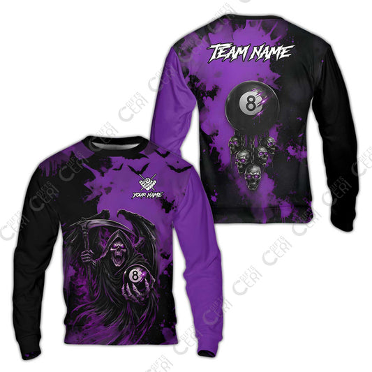 Customized 8 Ball Pool Sweatshirt, Billiard Death Skull Paint Splash, Billiards Jersey