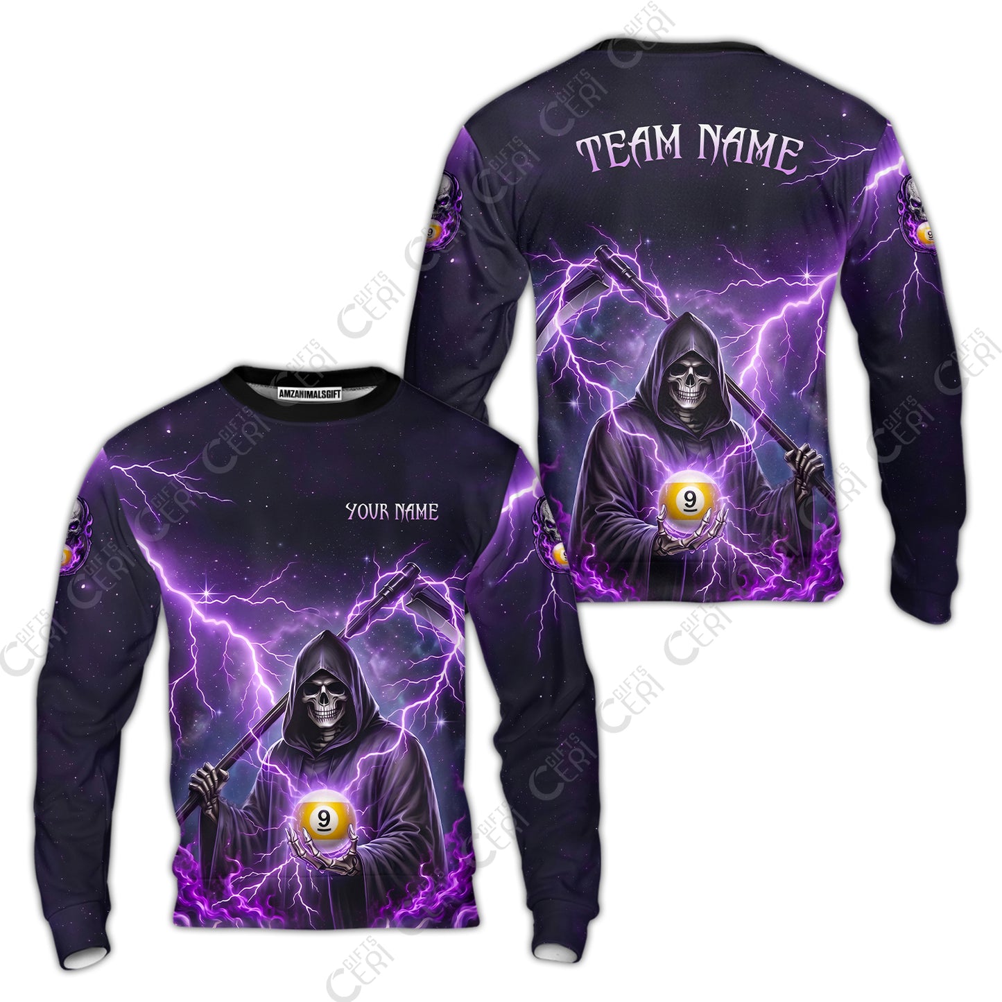 Customized 9 Ball Pool Sweatshirt, Lightning And Flame Grim Reaper With 9 Ball, Personalized Billiards Jersey