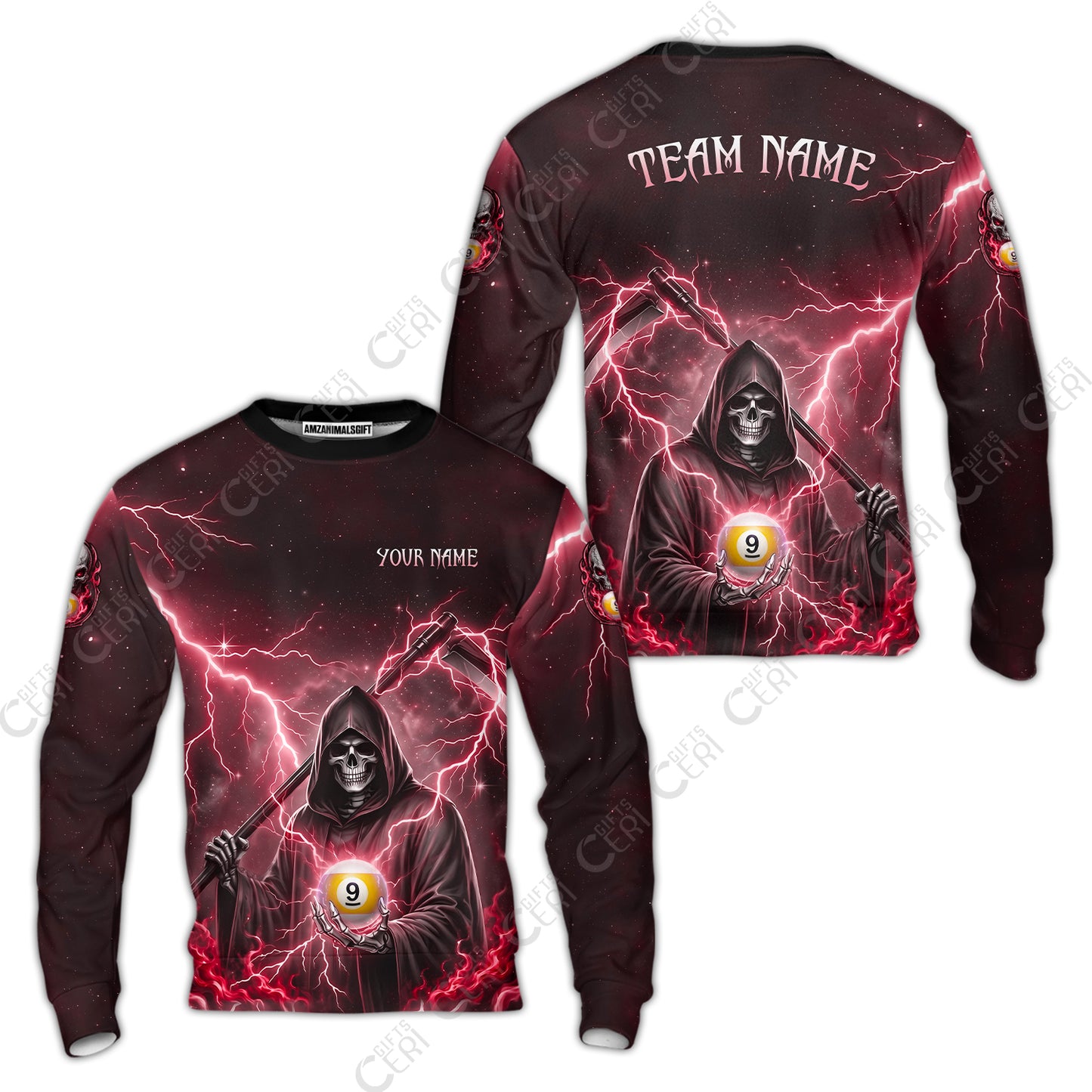 Customized 9 Ball Pool Sweatshirt, Lightning And Flame Grim Reaper With 9 Ball, Personalized Billiards Jersey