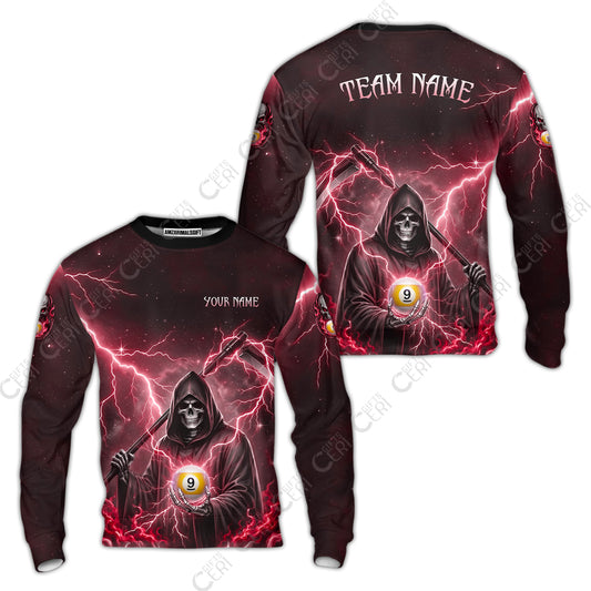 Customized 9 Ball Pool Sweatshirt, Lightning And Flame Grim Reaper With 9 Ball, Personalized Billiards Jersey