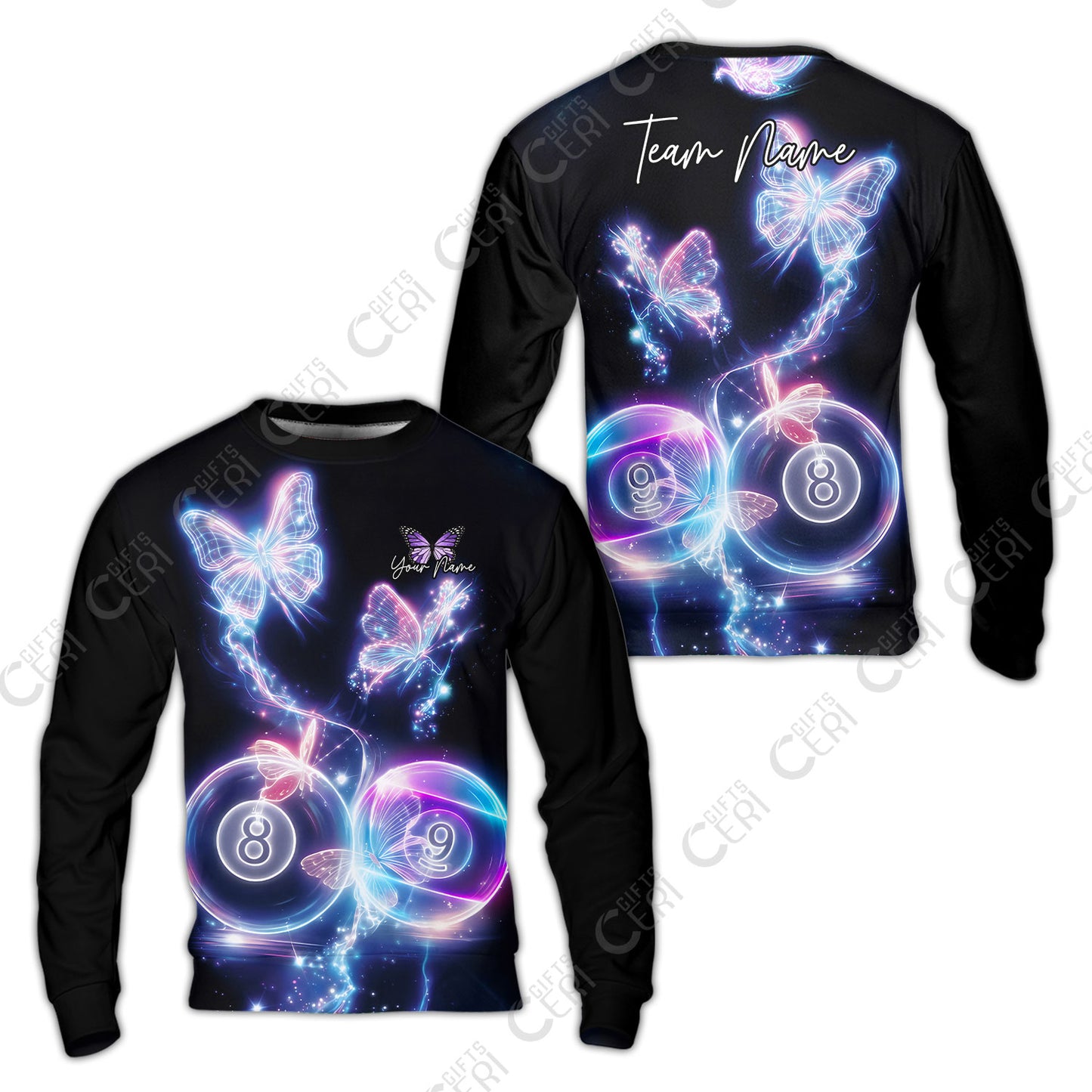 Customized Billiards Sweatshirt, 8 & 9 Ball Neon Butterfly Galaxy Jersey, Billiards Jerseys