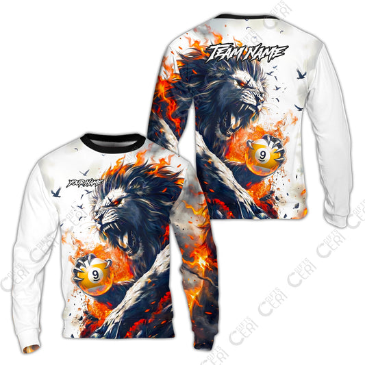 Customized 9 Ball Pool Sweatshirt, Lion Fire Lava 9-Ball, Personalized Billiards Jersey