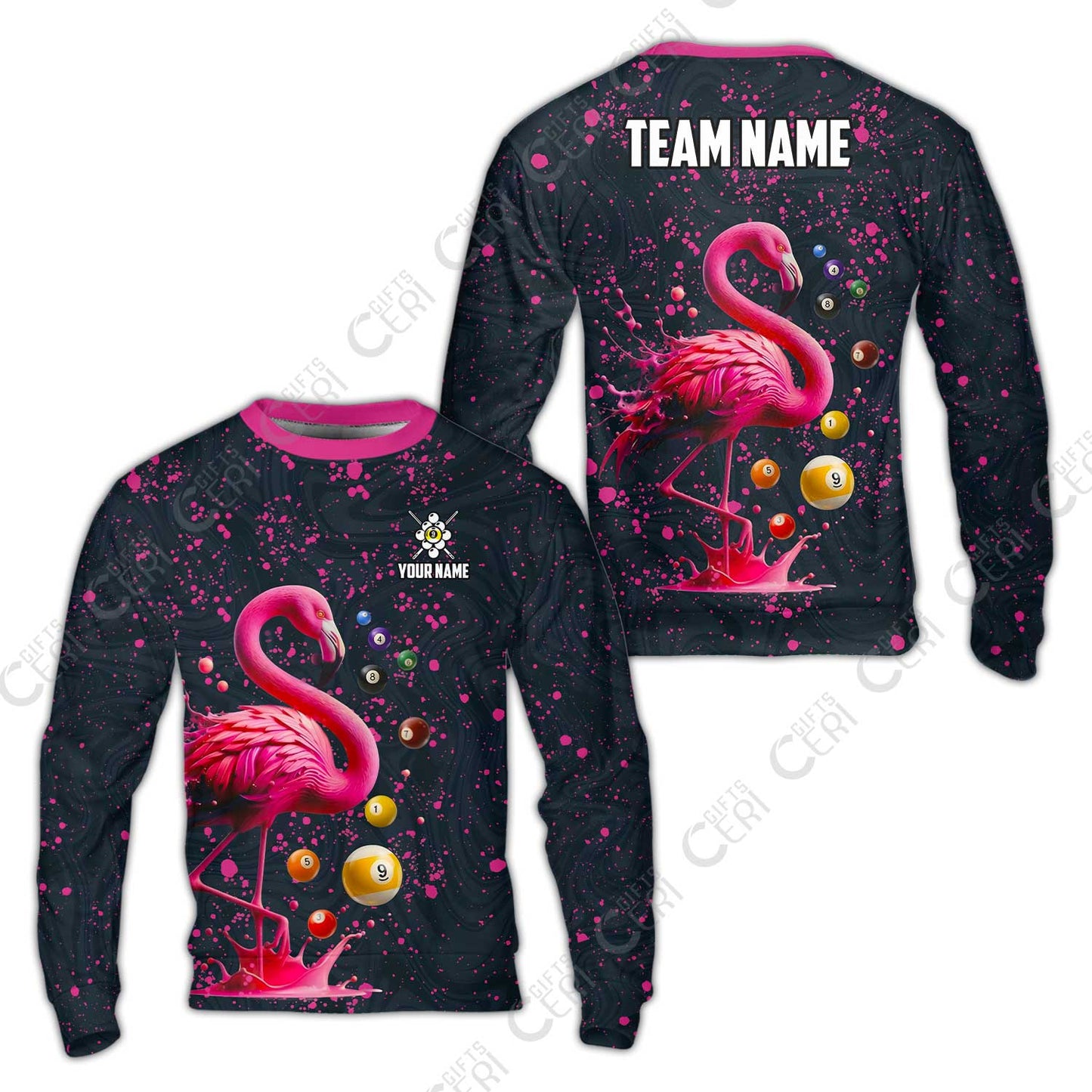 Customized 9 Ball Pool Sweatshirt, Flamingo Pink Splat Billiard 9-Ball, Billiards Jersey