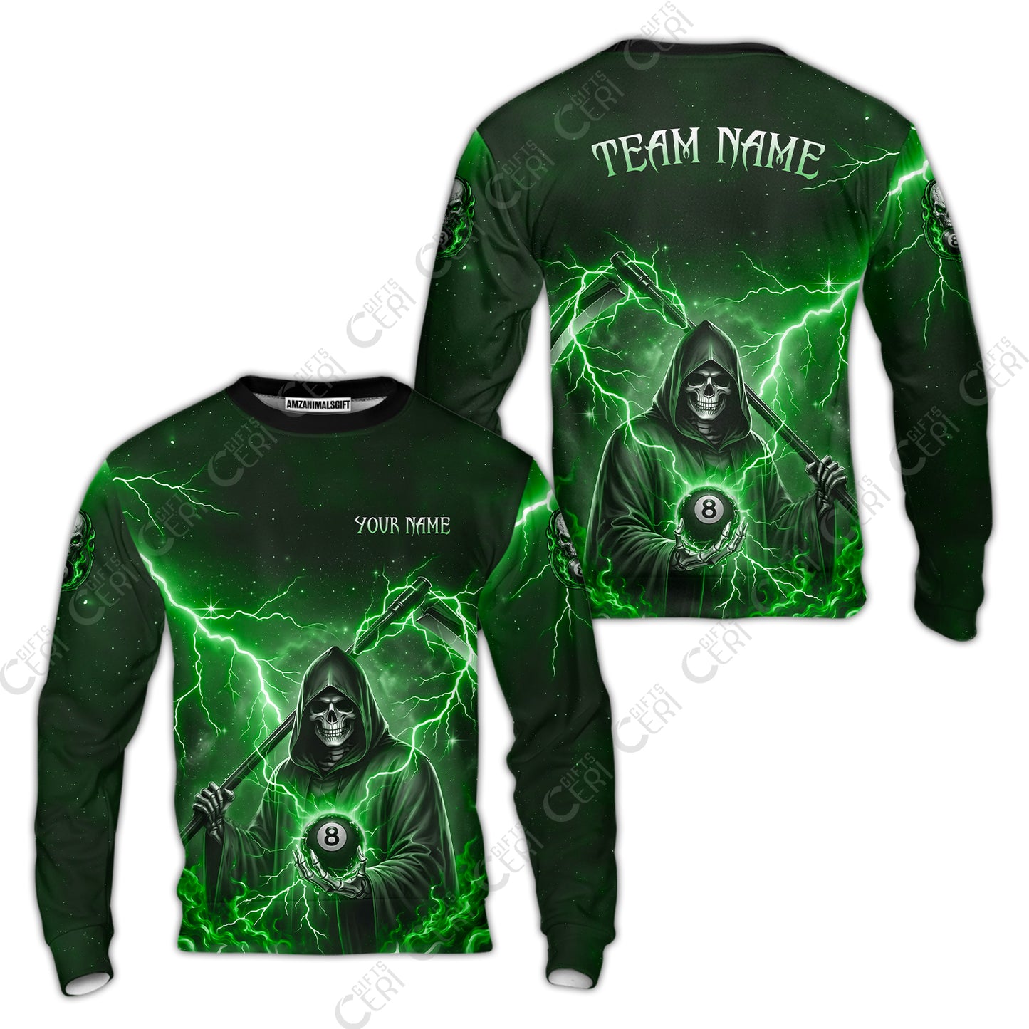 Customized 8 Ball Pool Sweatshirt, Lightning And Flame Grim Reaper With 8 Ball, Personalized Billiards Jersey