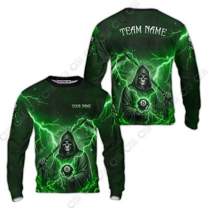 Customized 8 Ball Pool Sweatshirt, Lightning And Flame Grim Reaper With 8 Ball, Personalized Billiards Jersey