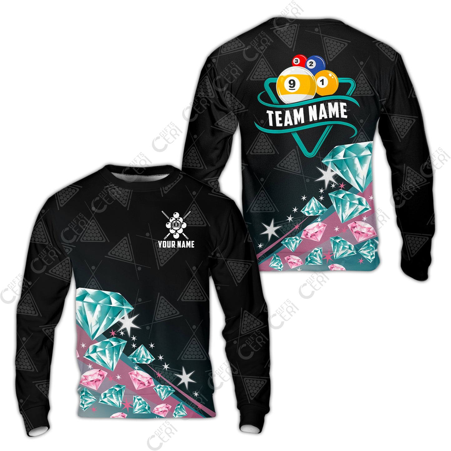 Customized 9 Ball Pool Sweatshirt, Diamonds Billiard 9-Ball, Personalized Billiards Jersey