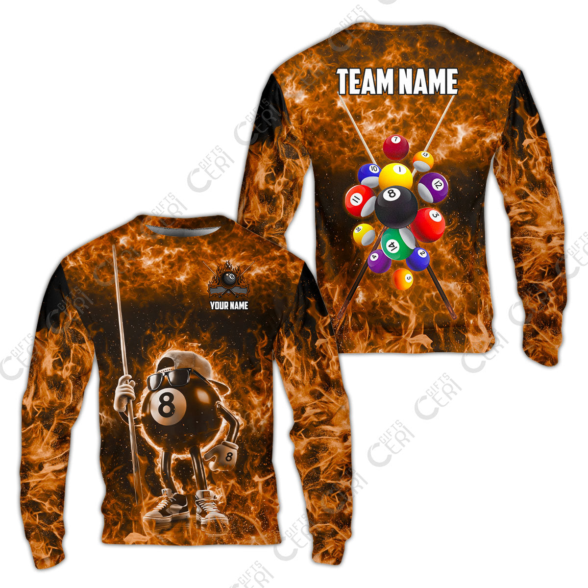 Customized 8 Ball Pool Sweatshirt, 8-Ball Wearing Cap And Sunglasses Flaming Burn, Billiard Jerseys