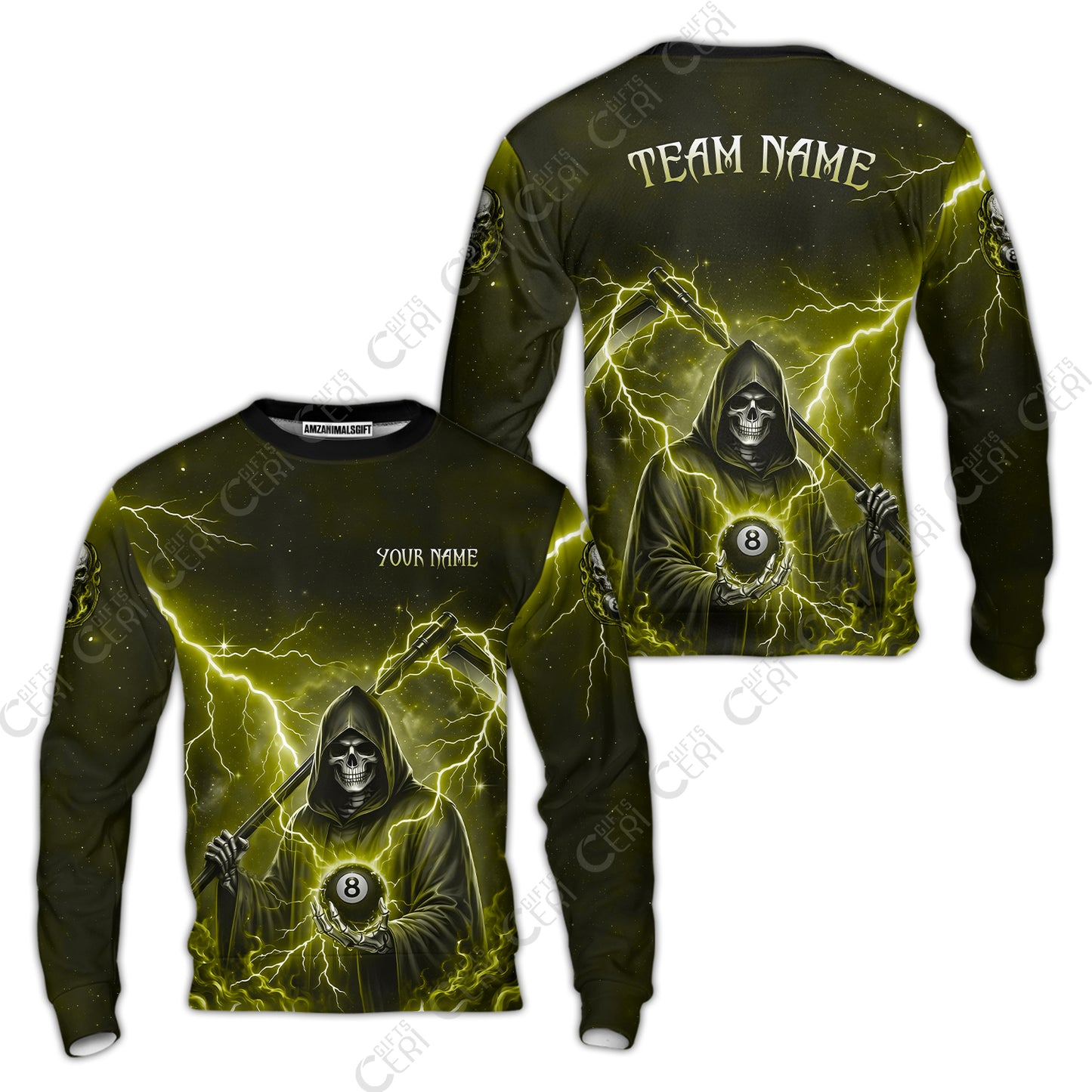 Customized 8 Ball Pool Sweatshirt, Lightning And Flame Grim Reaper With 8 Ball, Personalized Billiards Jersey