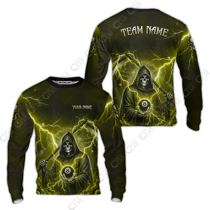 Customized 8 Ball Pool Sweatshirt, Lightning And Flame Grim Reaper With 8 Ball, Personalized Billiards Jersey
