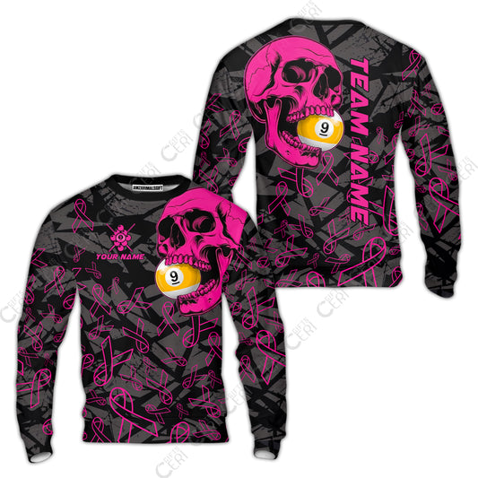 Customized 9 Ball Pool Sweatshirt, Billiard Pink Skull 9-Ball, Personalized Billiards Jersey