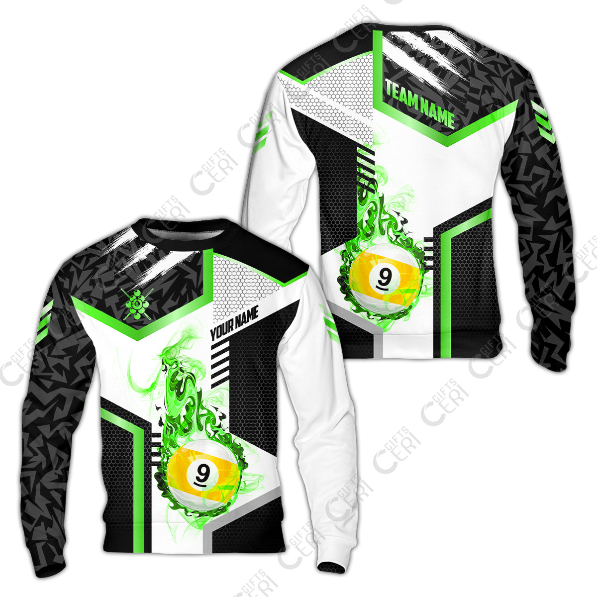 Customized 9 Ball Pool Sweatshirt, Flaming 9-Ball Graphic, Billiards Jersey