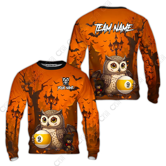 Customized 9 Ball Pool Sweatshirt, Halloween Owl Holding 9-Ball, Personalized Billiards Jersey
