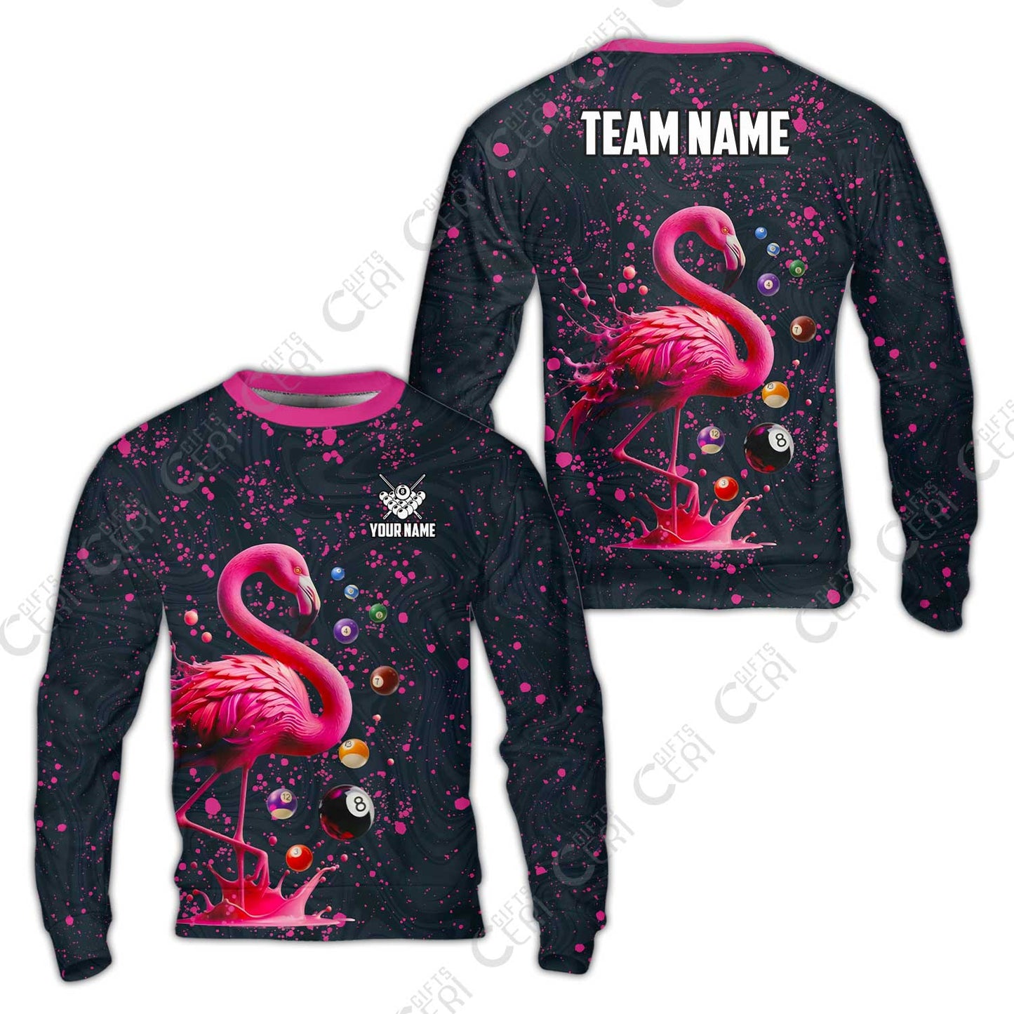 Customized 8 Ball Pool Sweatshirt, Flamingo Pink Splat Billiard, Personalized Billiards Jersey