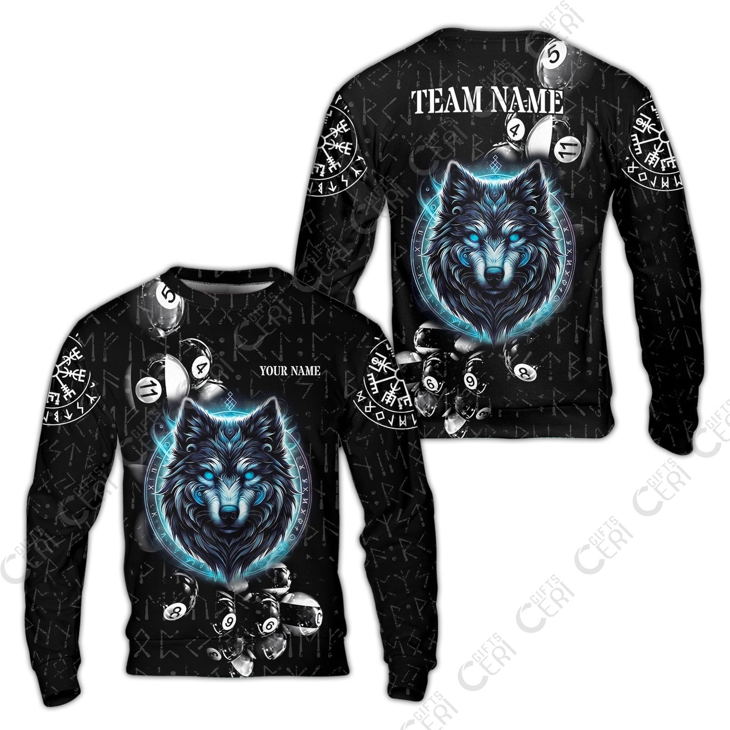 Customized Billiards Sweatshirt, Wolf Runic Viking Black Grunge Alphabet, Billiards Jerseys