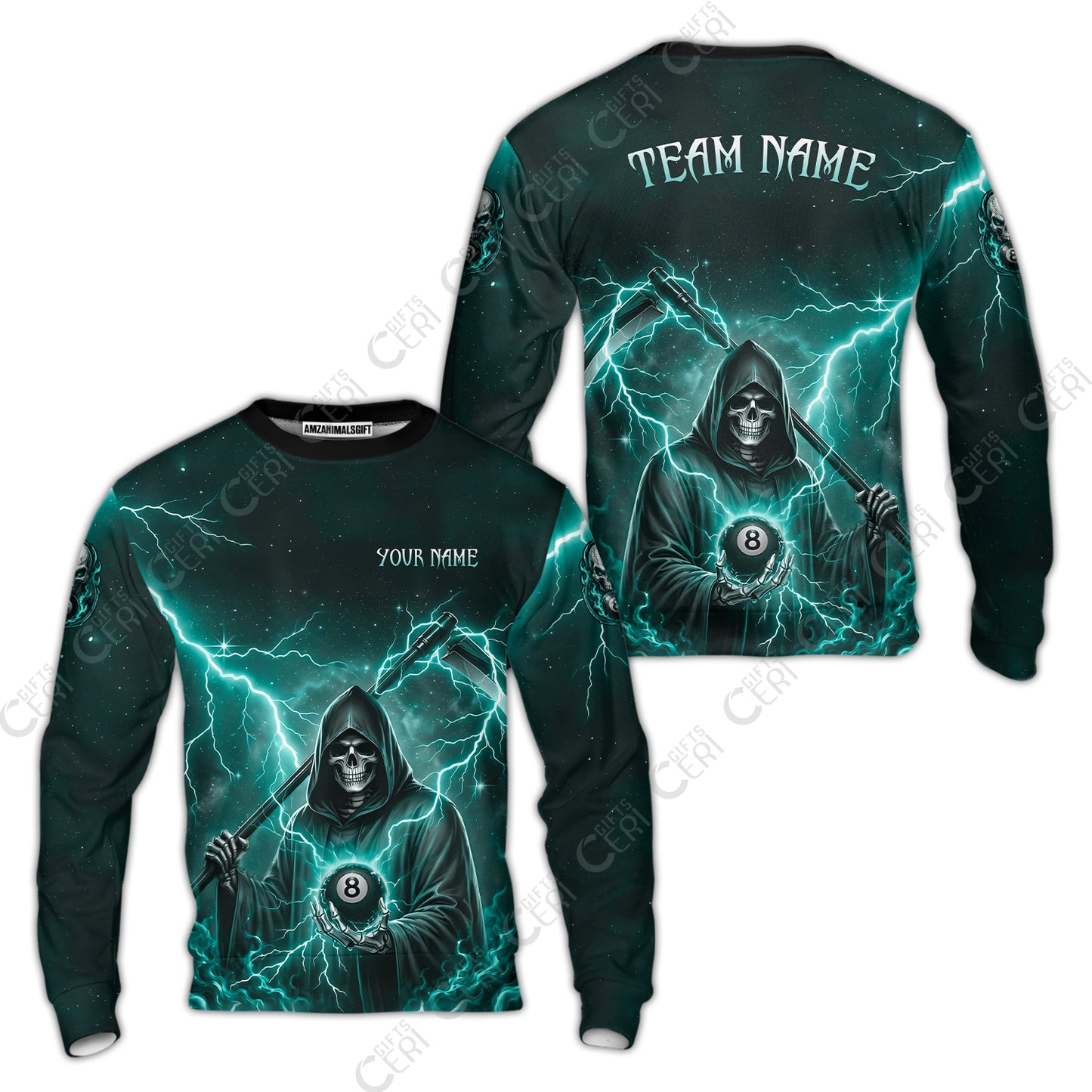 Customized 8 Ball Pool Sweatshirt, Lightning And Flame Grim Reaper With 8 Ball, Personalized Billiards Jersey