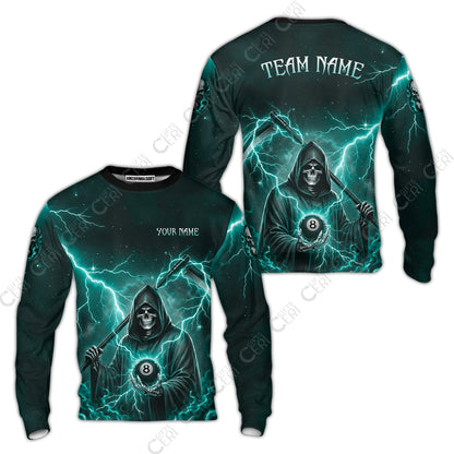 Customized 8 Ball Pool Sweatshirt, Lightning And Flame Grim Reaper With 8 Ball, Personalized Billiards Jersey