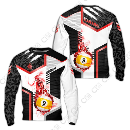 Customized 9 Ball Pool Sweatshirt, Flaming 9-Ball Graphic, Billiards Jersey