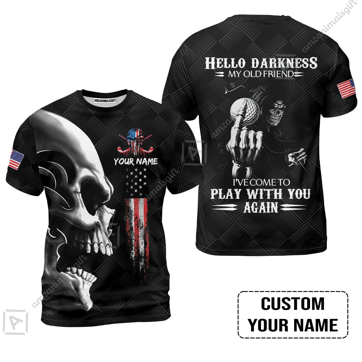 Personalized Golf Hawaiian Shirt- Custom Name Skull Shirt, Golf American Flag Hello Darkness My Old Friend Hawaiian Shirt