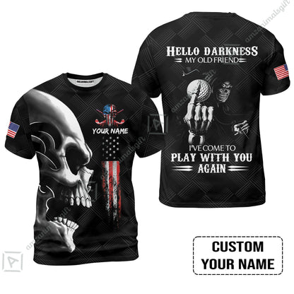 Personalized Golf Hawaiian Shirt- Custom Name Skull Shirt, Golf American Flag Hello Darkness My Old Friend Hawaiian Shirt