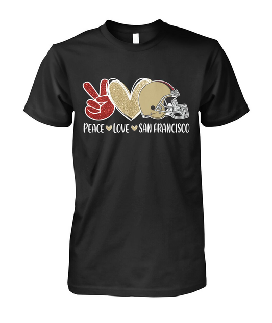 San Francisco Football Peace Love Red Gold T-Shirt For Men And Women Love San Francisco Sport, Perfect Outfit For Football Lovers