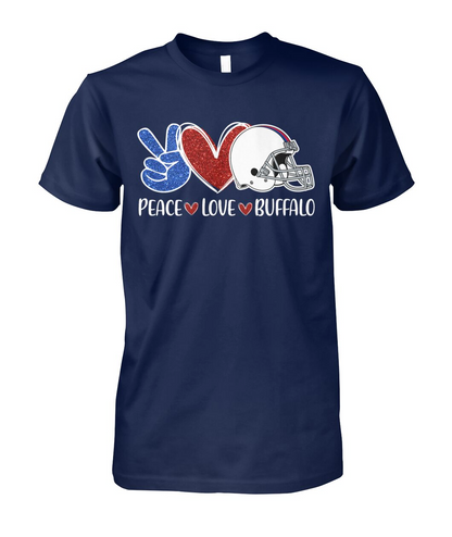 Buffalo American Football Peace Love Blue Red T-Shirt For Men Women Family Love Buffalo Sports, Perfect Outfit For Football Lovers