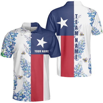 Texas Flag Bluebonnets Polo Shirt For Golf, Floral Texas Flag Polo Shirt, Texas Proud Shirt For Men - Perfect Gift For Men, Golfers
