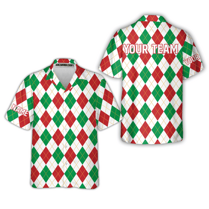 Christmas Plaid Argyle Pattern Golf Hawaiian Shirt   - Custom Name Apparel - Personalized Gift For Golf Lover, Team