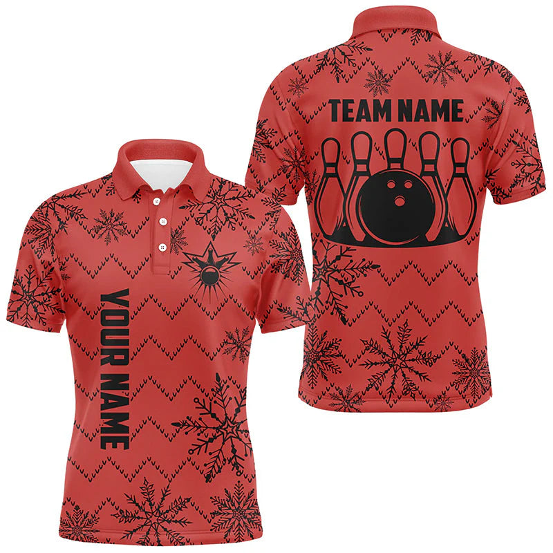 Custom Bowling Team, Ugly Christmas snowflake pattern Bowling Polo, Christmas Bowling uniforms - Bowling Polo Personalized Name And Team Name