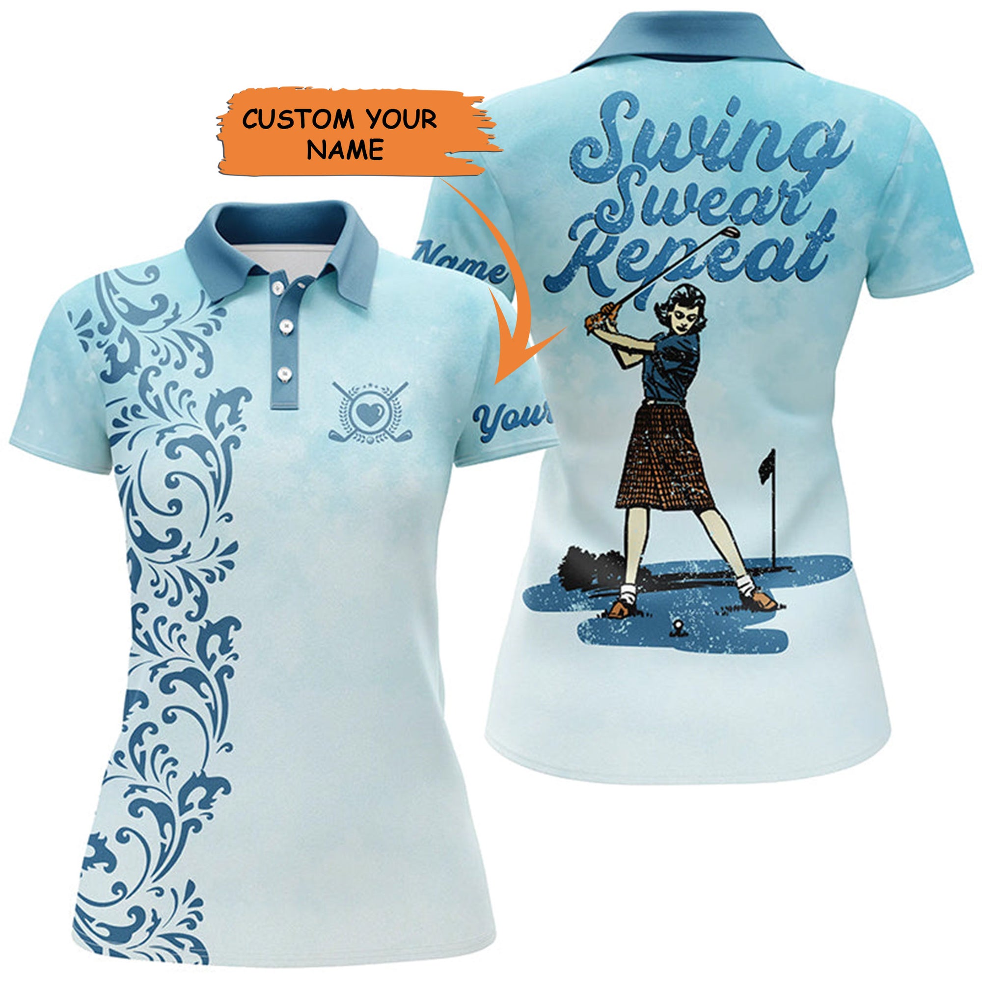 Vintage Womens Golf Polo Shirt Custom Name Swing Swear Repeat Vintage Blue Golf Shirt For Women, Perfect Gift For Women