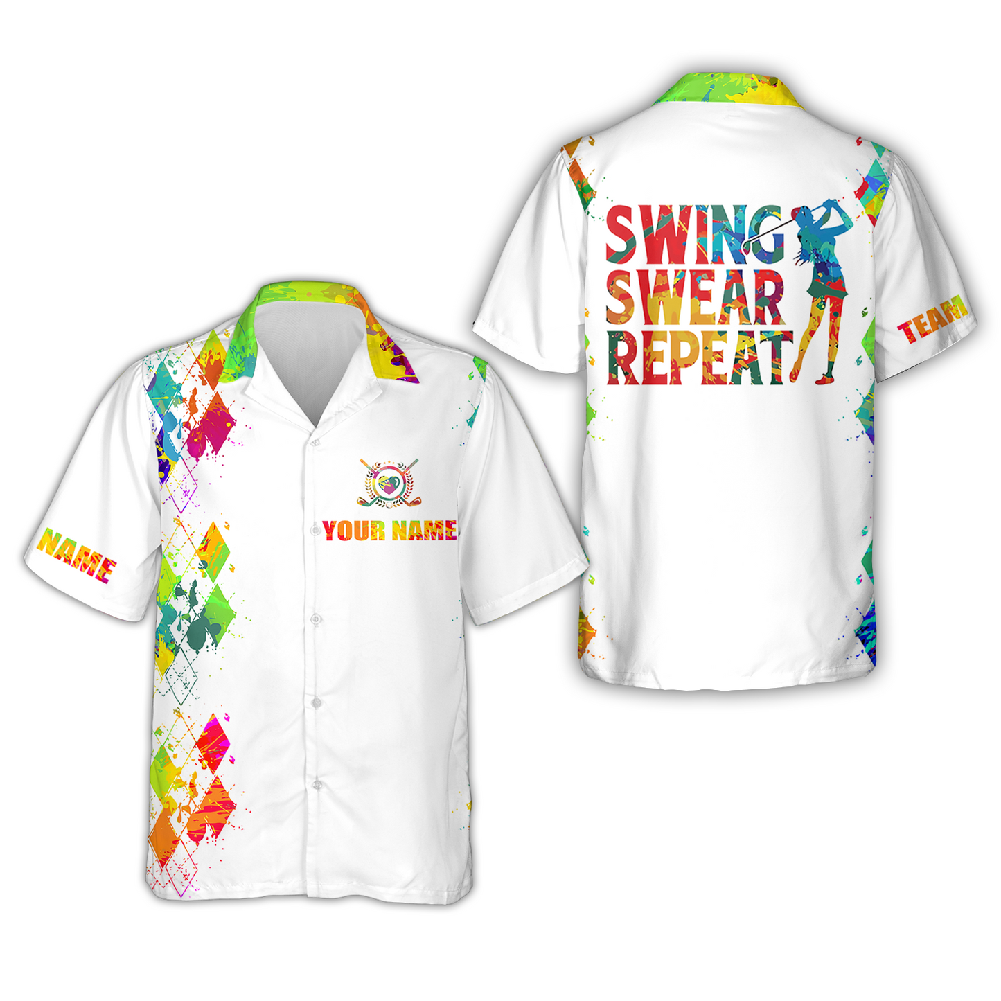 Womens Golf Polo Shirt Watercolor Custom Name Swing Swear Repeat White Golf Shirt, Golfing Gifts