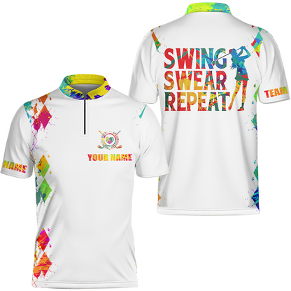 Womens Golf Polo Shirt Watercolor Custom Name Swing Swear Repeat White Golf Shirt, Golfing Gifts