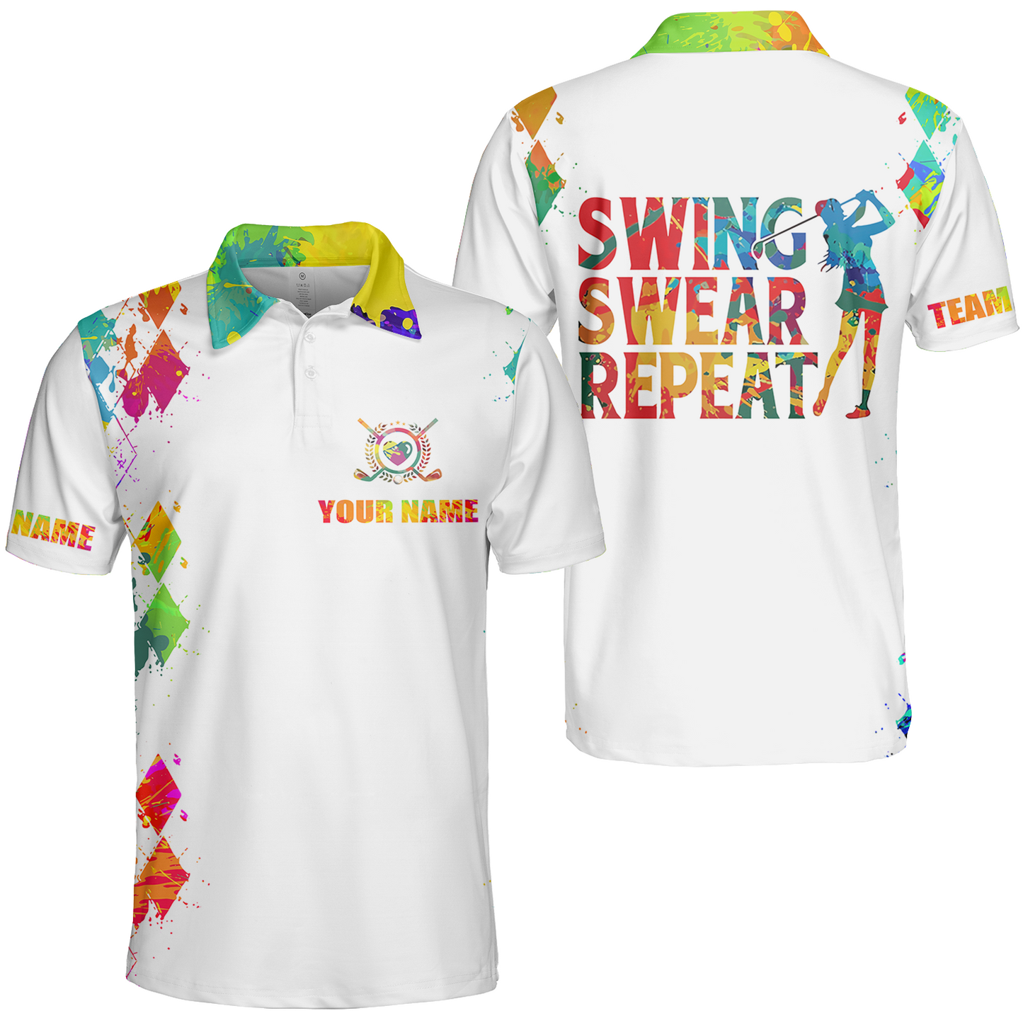 Womens Golf Polo Shirt Watercolor Custom Name Swing Swear Repeat White Golf Shirt, Golfing Gifts