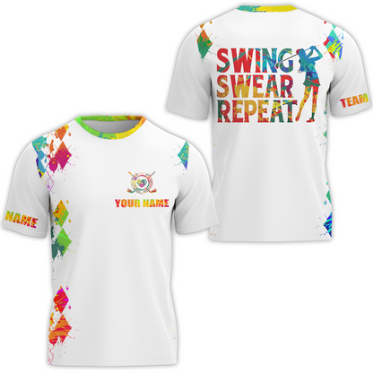 Womens Golf Polo Shirt Watercolor Custom Name Swing Swear Repeat White Golf Shirt, Golfing Gifts