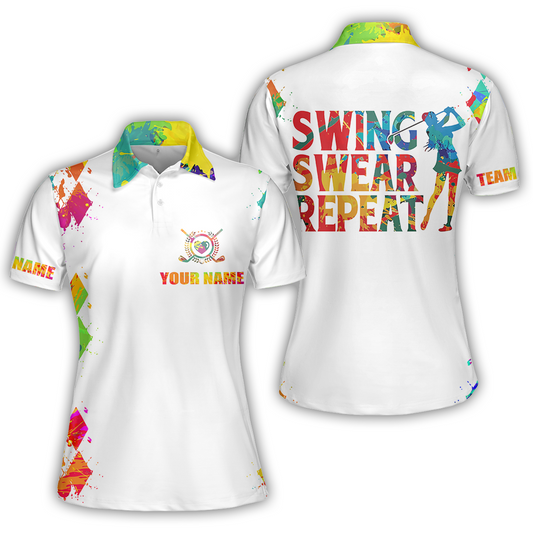 Womens Golf Polo Shirt Watercolor Custom Name Swing Swear Repeat White Golf Shirt, Golfing Gifts