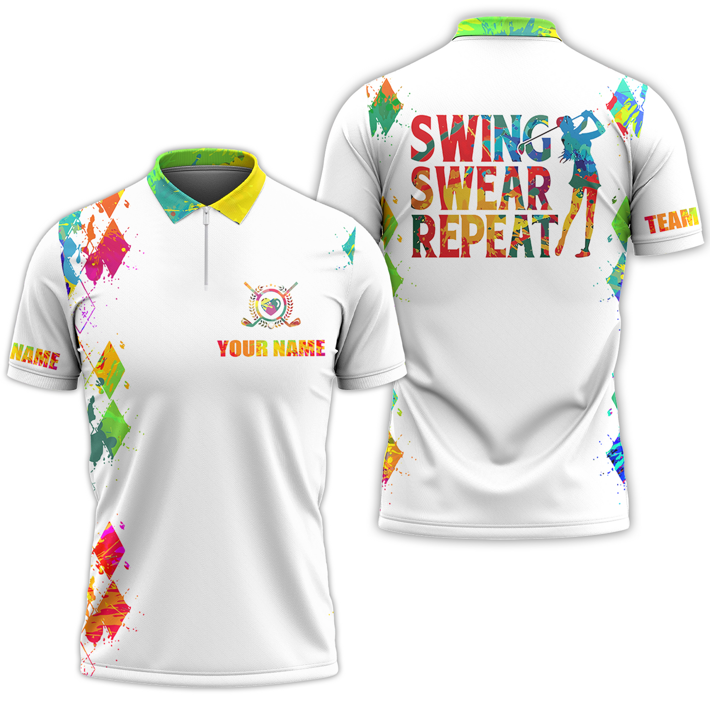 Womens Golf Polo Shirt Watercolor Custom Name Swing Swear Repeat White Golf Shirt, Golfing Gifts